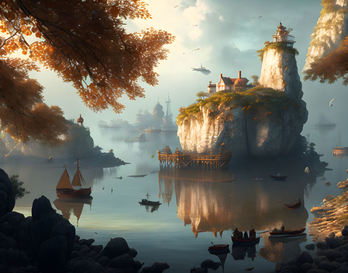 Tranquil fantasy landscape with cliffs, bay, boats, pier, and autumnal trees