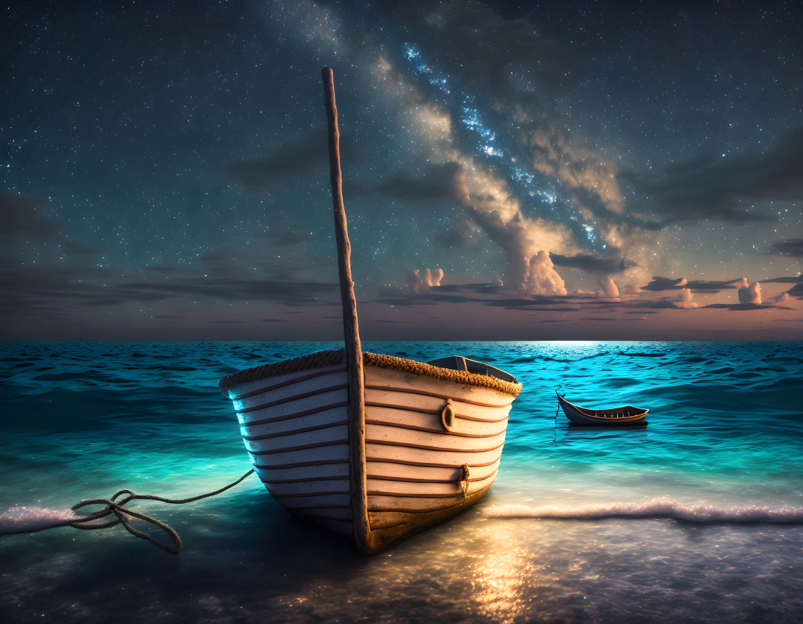 Tranquil night scene: small boat under starry sky, glowing light, glistening ocean.