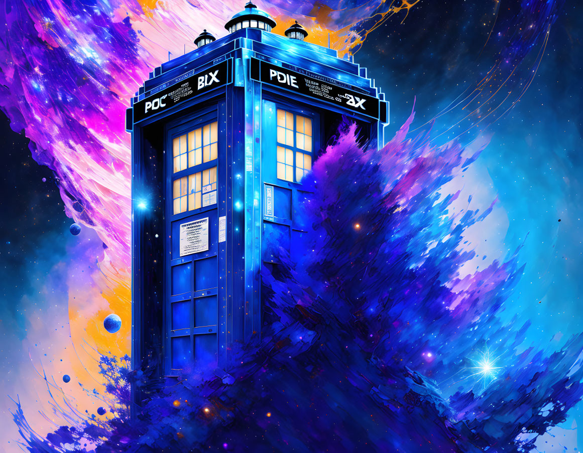 Colorful Cosmic Background with Blue Police Box Illustration