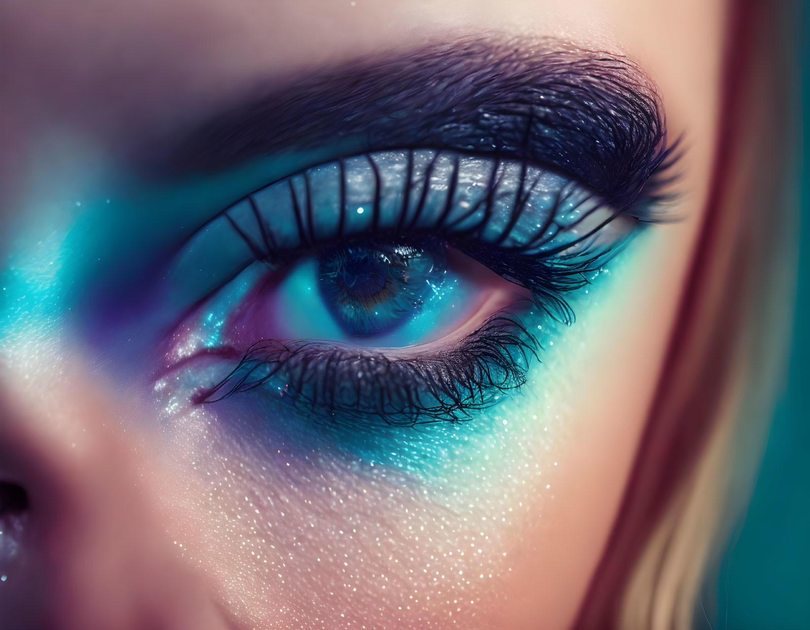 Close-up of person's eye with blue and purple makeup and glitter under vibrant lighting