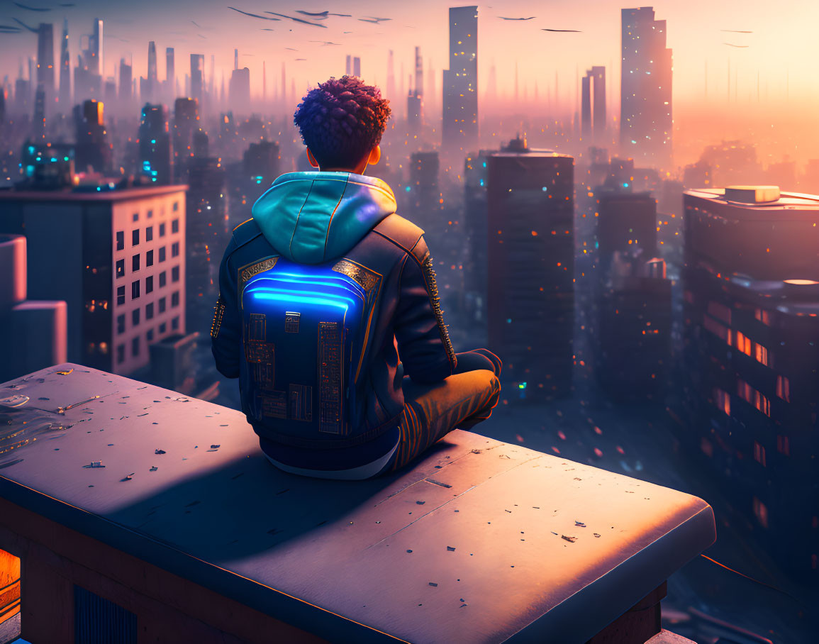 Person on Rooftop Edge at Twilight Overlooking Futuristic Cityscape