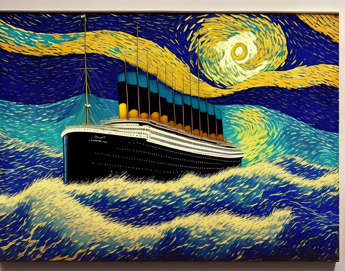 Large Ship with Yellow Funnels Sailing Through Tumultuous Blue Waves