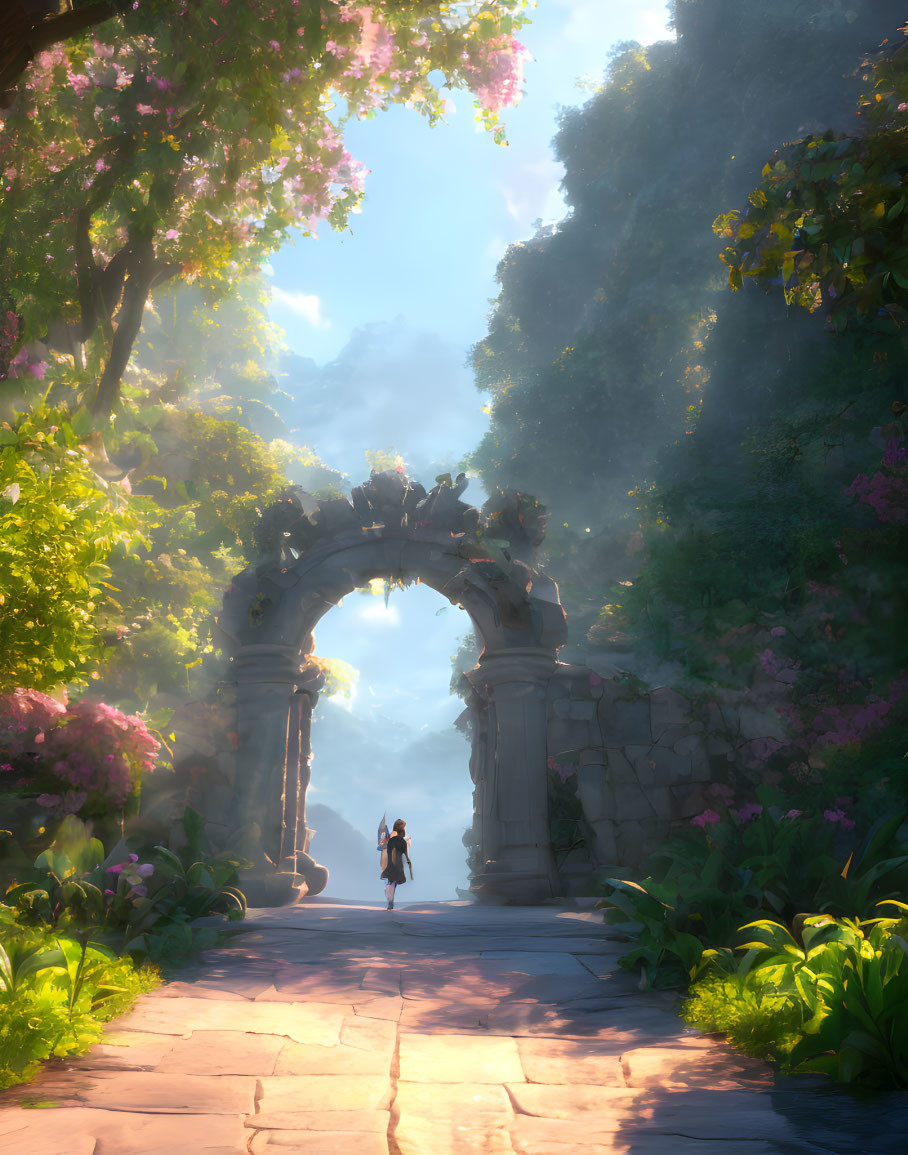 Person standing on sunlit path under stone archway surrounded by lush greenery and pink flowers