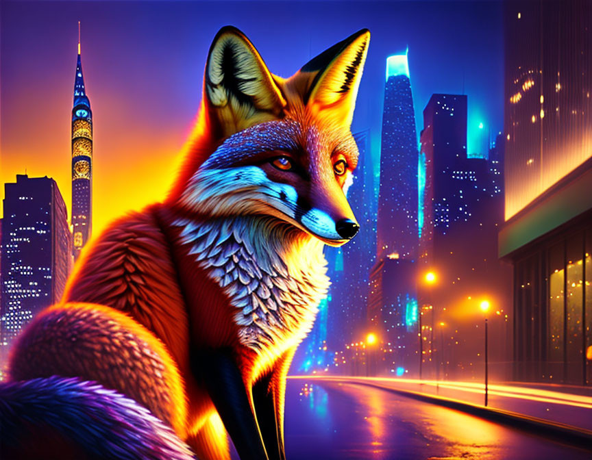 Colorful Fox Illustration with Neon Cityscape Backdrop