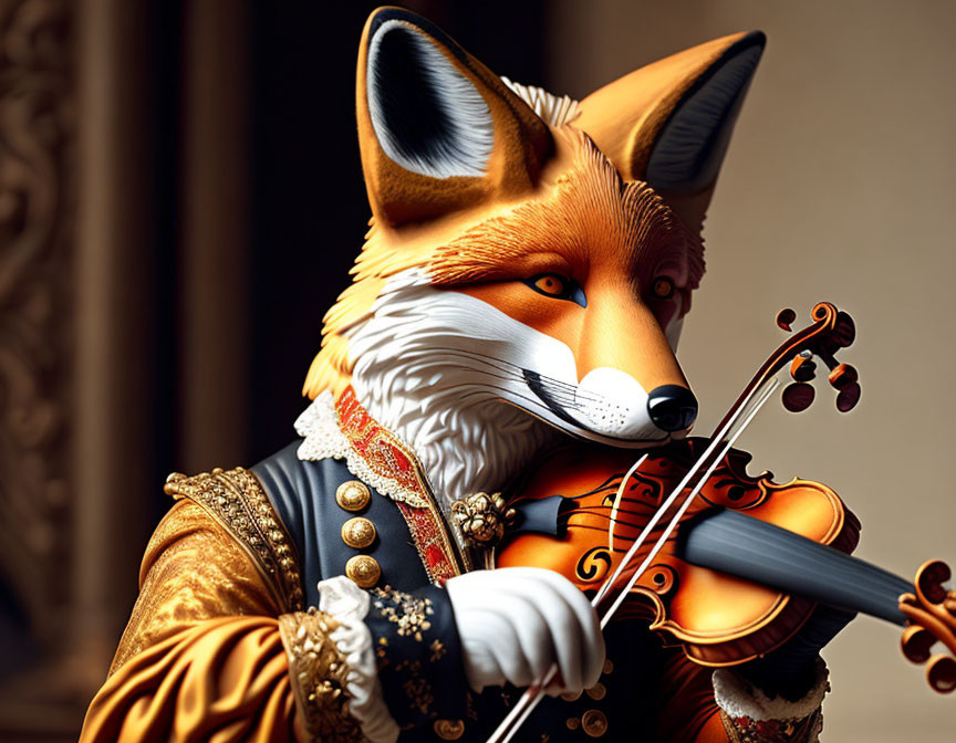 Anthropomorphic fox in historical attire playing violin