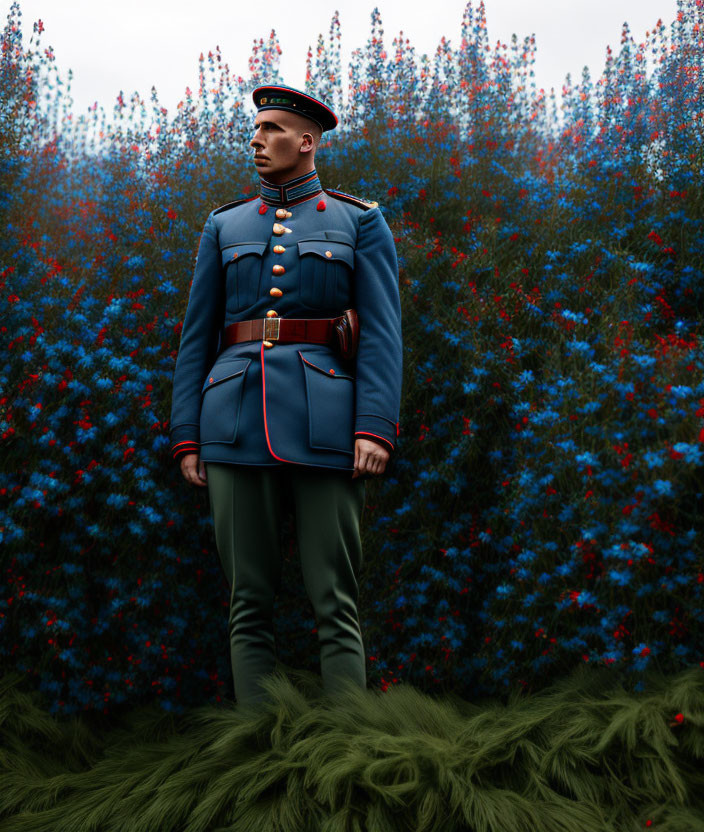 Man in Blue Military Uniform Amid Vibrant Floral Backdrop