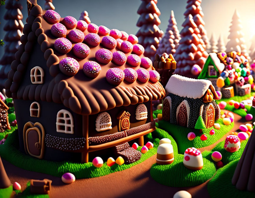 Colorful gingerbread houses in conifer forest setting