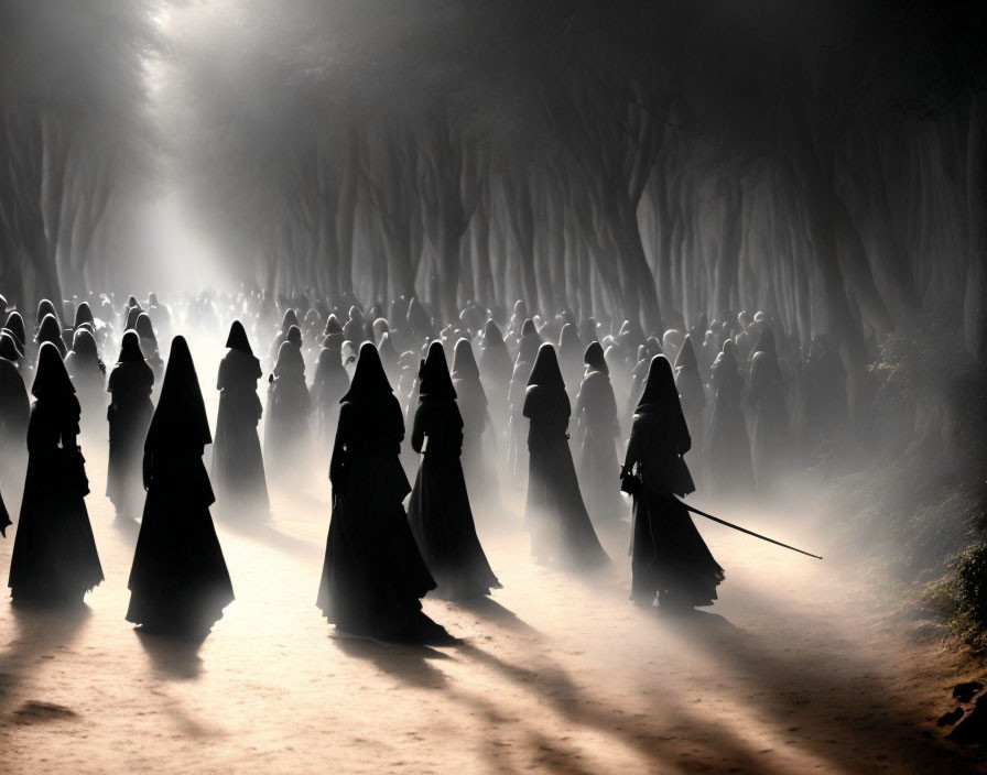 Robed Figures Walking on Misty Path with Sword