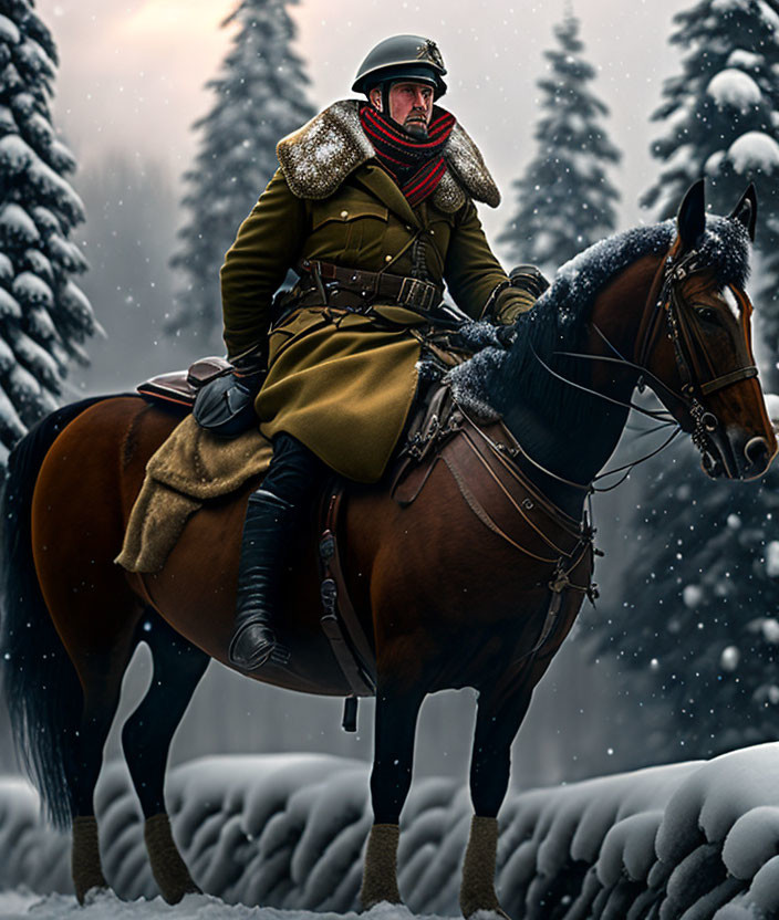 Person in military attire riding horse in snowy forest