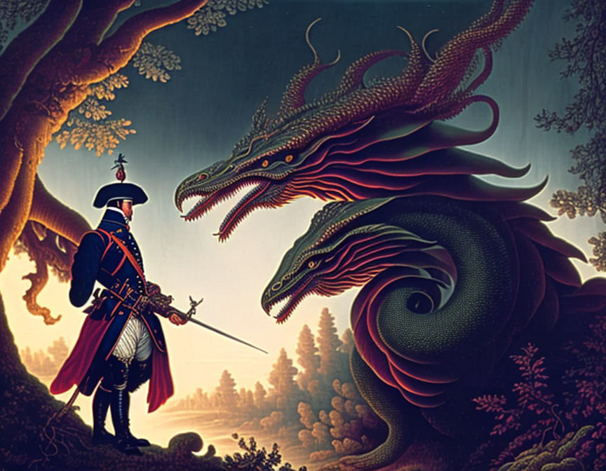 Soldier with spear confronts three dragons in dark forest