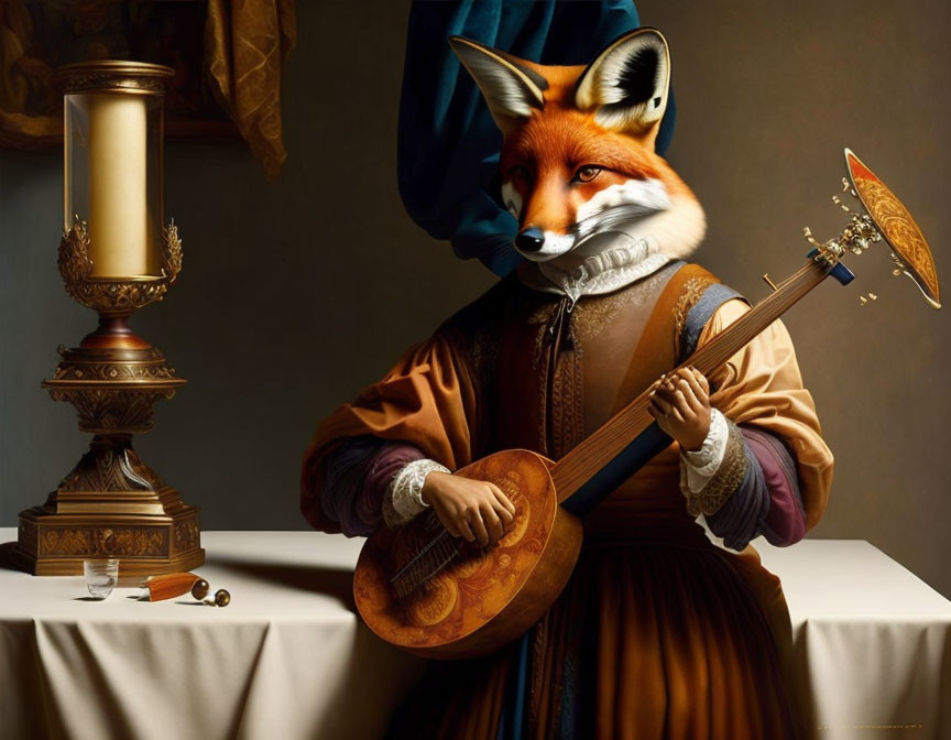 Anthropomorphic fox in renaissance attire playing lute with vintage backdrop