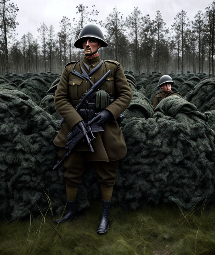 Vintage Military Uniform Soldiers in Dense Foliage