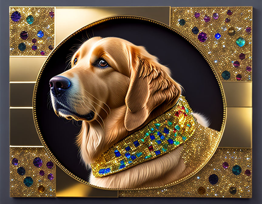 Golden retriever with bejeweled collar on luxurious gold-themed background