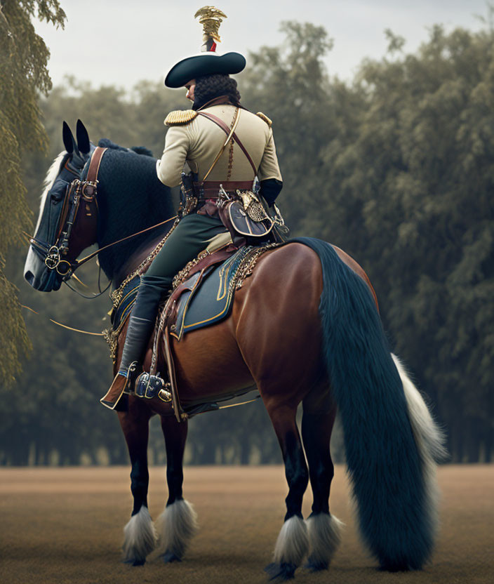 Historical military figure on horse in wooded setting