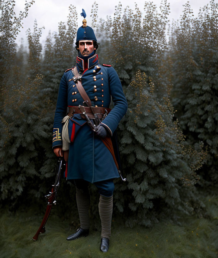 Historical military uniform with shako hat, epaulettes, and musket in forest clearing