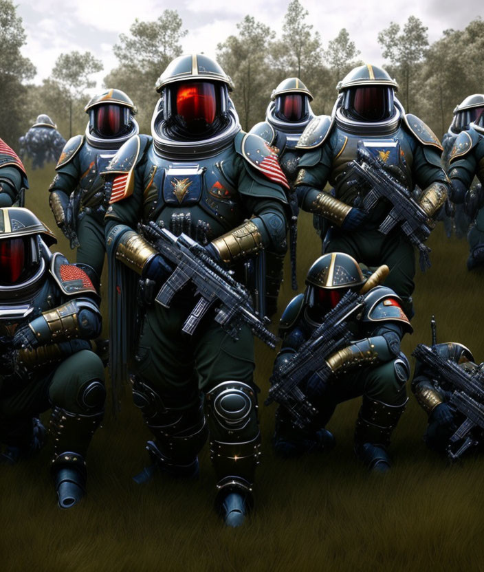 Futuristic soldiers in heavy armor with advanced weaponry in forest clearing