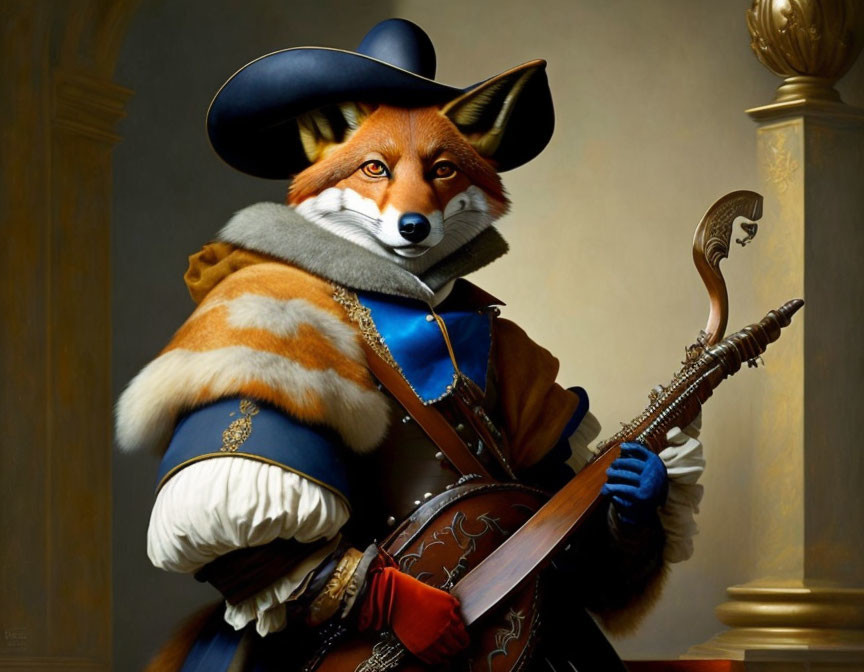 Fox in aristocratic attire with lute and wide-brimmed hat