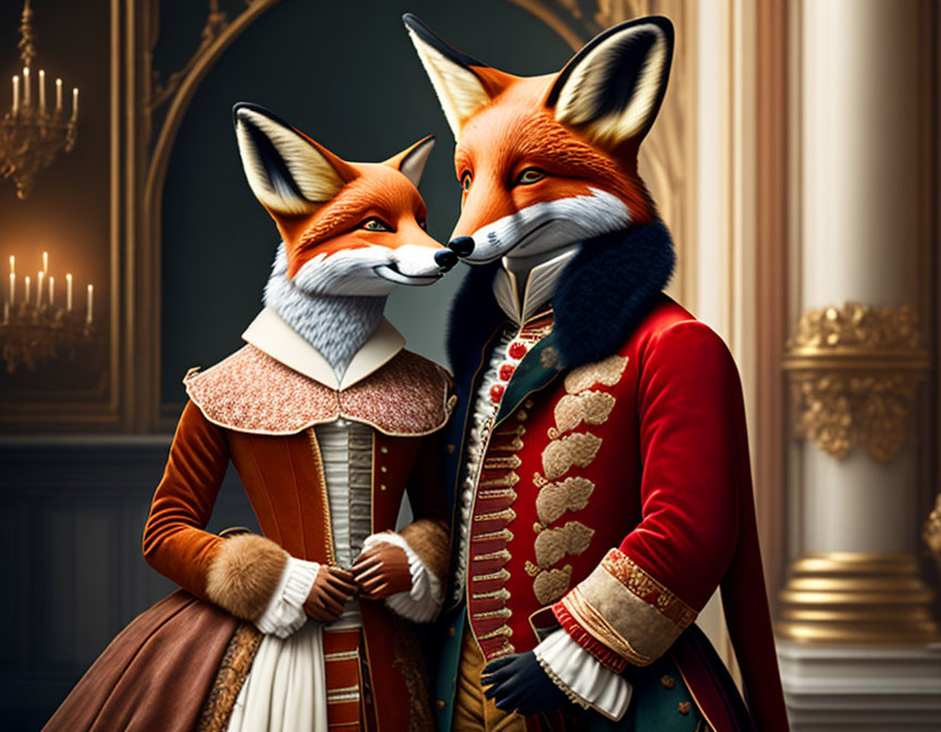 Anthropomorphic foxes in historical attire in vintage room