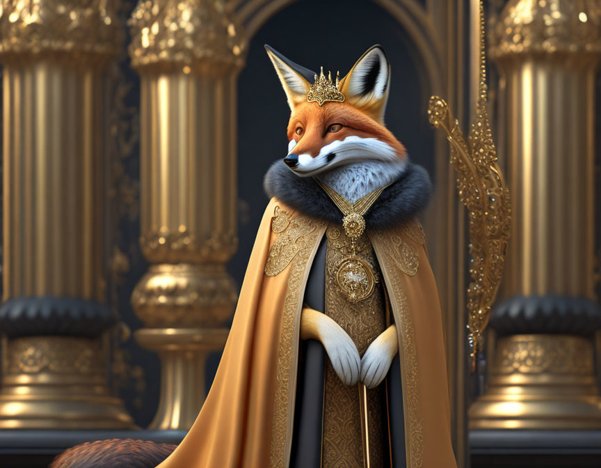 Regal fox with golden crown and cape on ornate throne