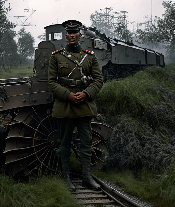 Uniformed Figure Poses by Steam Locomotive in Forested Setting