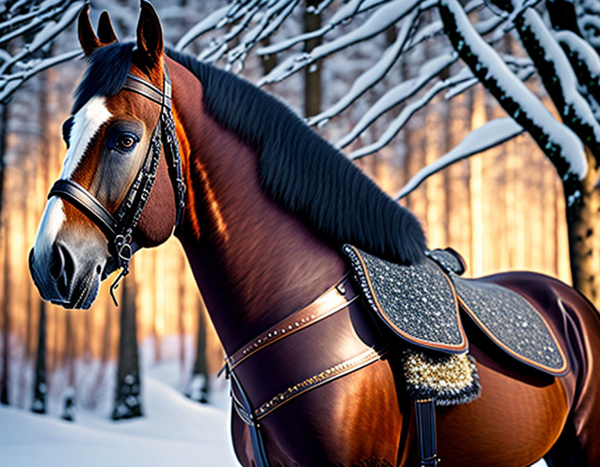 Majestic bay horse in ornate tack against snowy trees in golden light