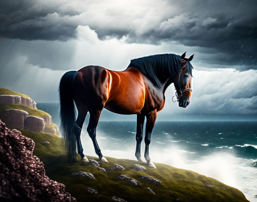 Majestic bay horse on cliff overlooking stormy seas