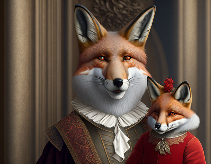 Anthropomorphic foxes in aristocratic and red attire