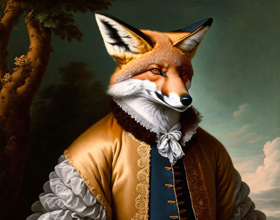 Fox in historical clothing with ruff and golden jacket