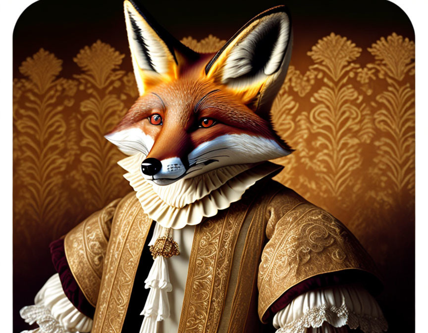 Regal anthropomorphic fox in vintage attire on ornate background