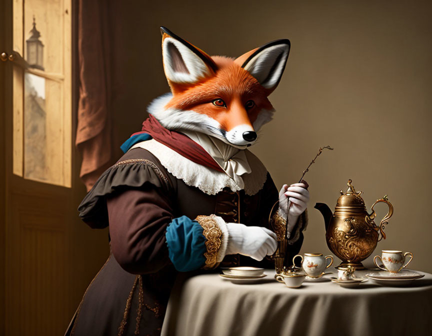 Anthropomorphic fox in historical attire with teapot and pipe at table.