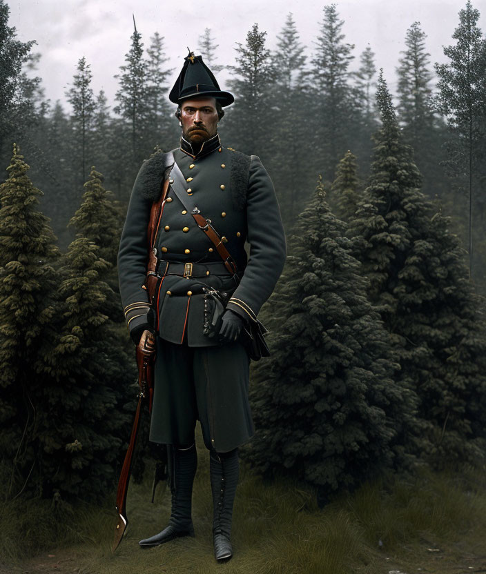 Historical military figure in uniform with rifle in forest setting