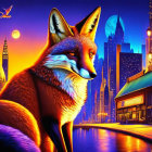 Colorful Fox Illustration with Neon Cityscape Backdrop