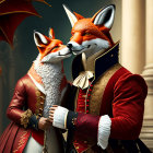 Anthropomorphic foxes in historical attire in vintage room