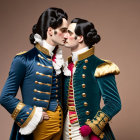 Elaborately costumed individuals in affectionate pose