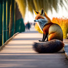 Red Fox Sitting on Wooden Dock at Sunset with Blurred Background
