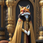 Regal fox with golden crown and cape on ornate throne