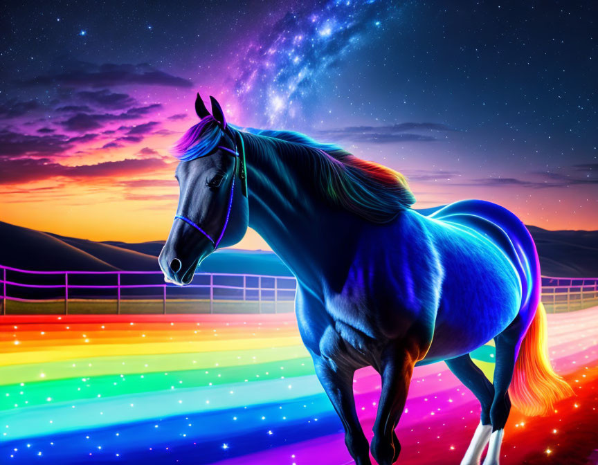 Colorful digital artwork: Blue horse with multicolored mane on rainbow path, under twilight sky.