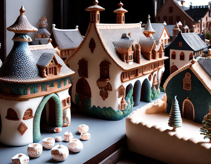 Intricately Designed Ceramic Houses with Detailed Roofs and Textures