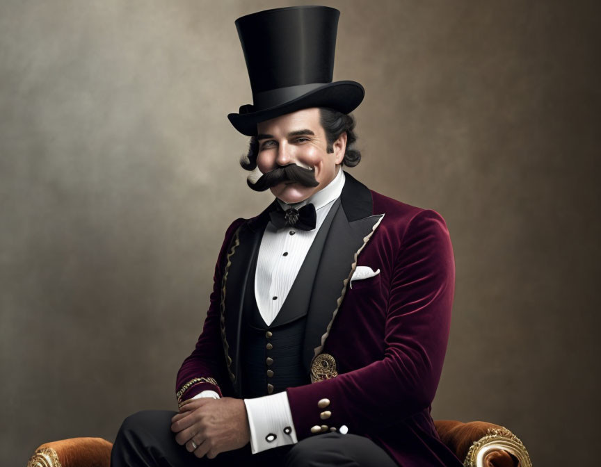 Man in Maroon Velvet Tailcoat and Top Hat with Styled Mustache Smiling