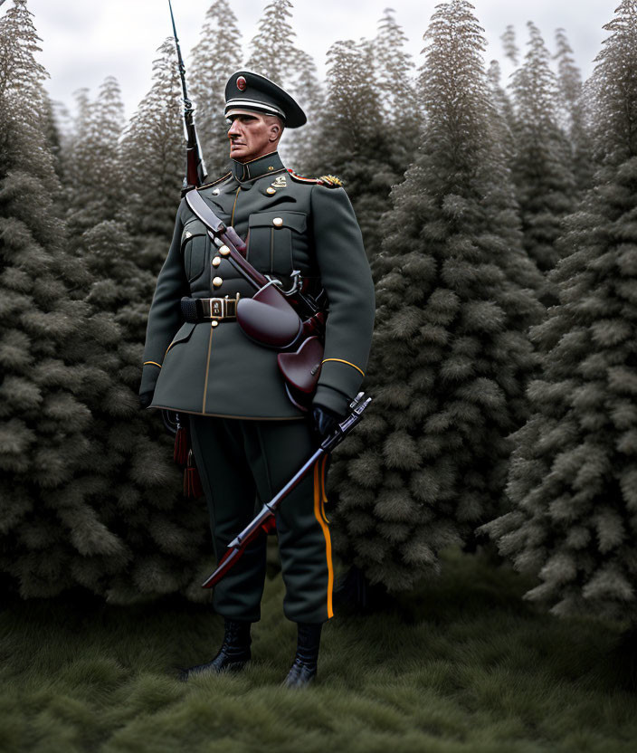 Person in Military Uniform with Medals Holding Rifle in Forest Setting