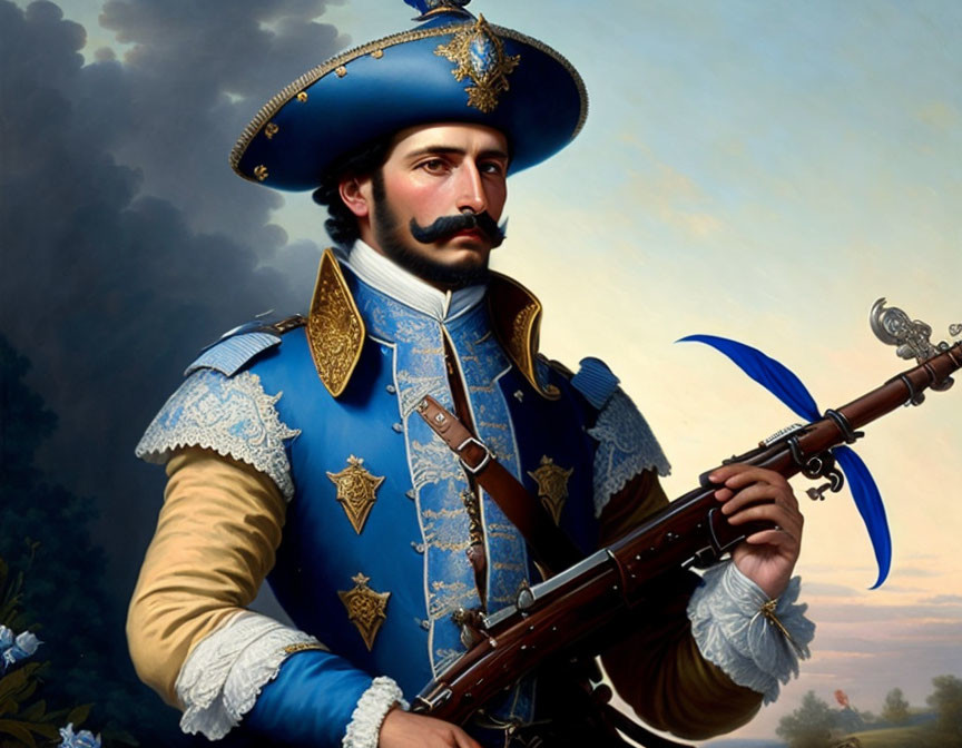 Historical military portrait of man in ornate blue and gold uniform with tricorne hat and rifle