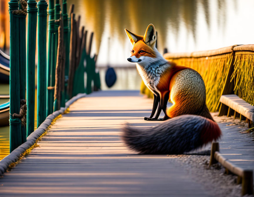 Red Fox Sitting on Wooden Dock at Sunset with Blurred Background