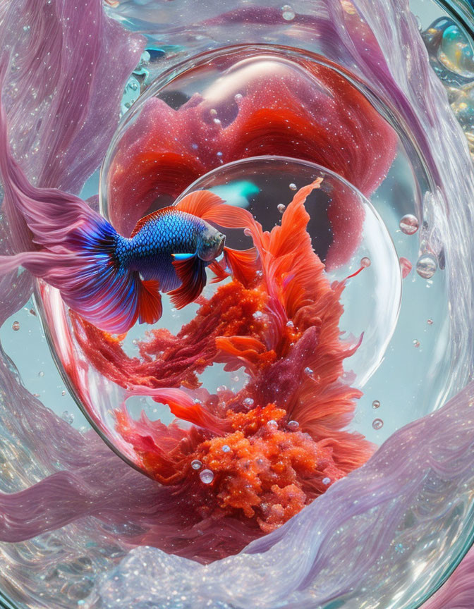 Colorful Betta Fish Swimming in Vibrant Crystal Clear Water