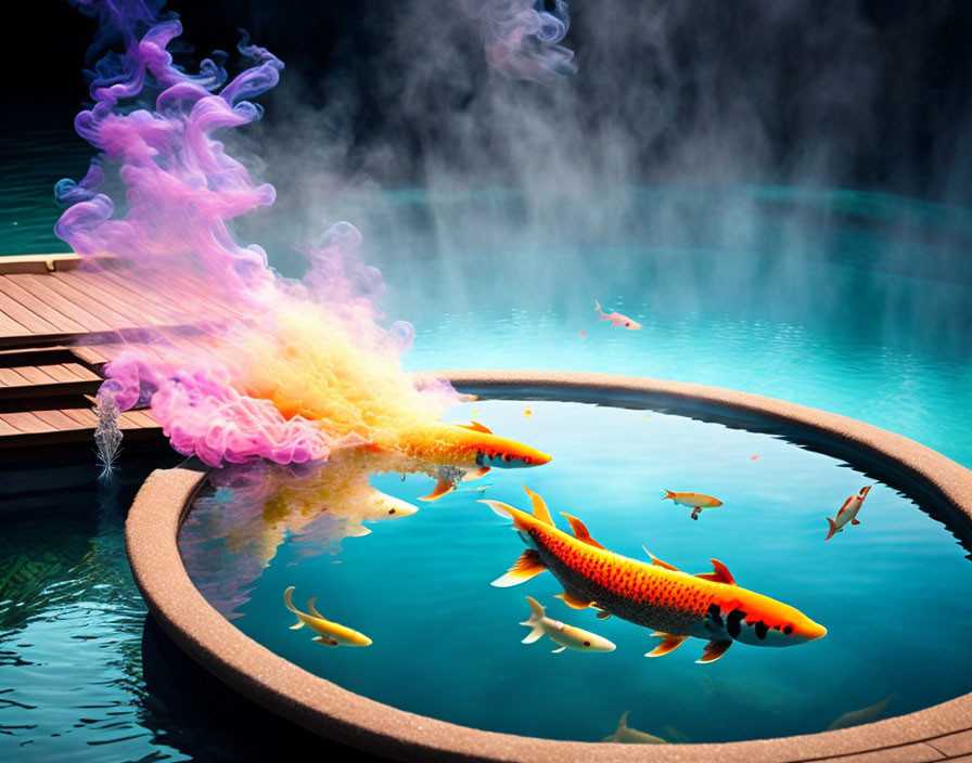 Colorful koi fish in circular pond with smoke plume above wooden deck