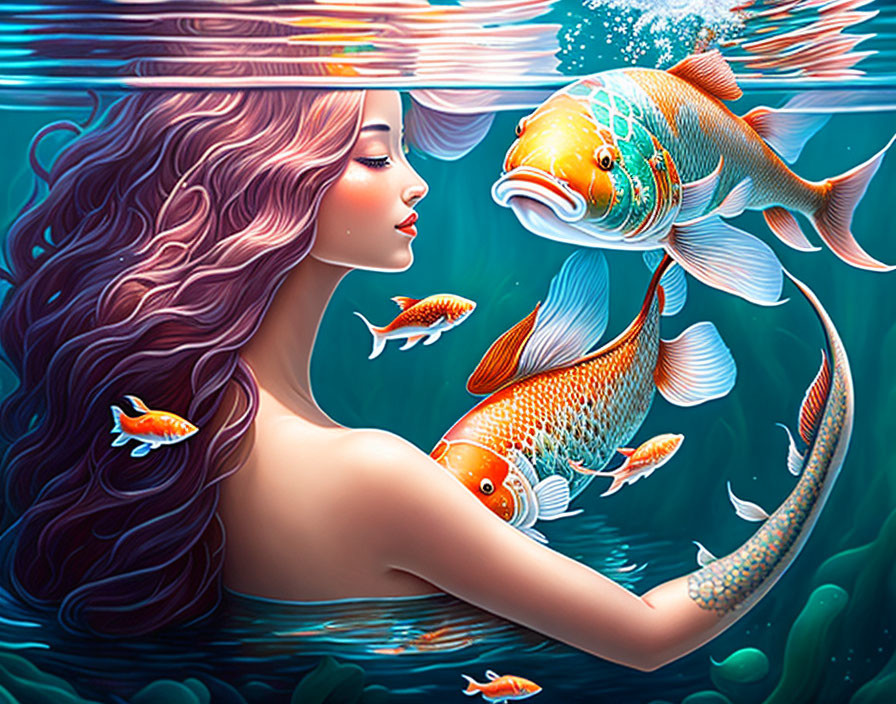 Illustrated woman with pink hair swimming with orange koi fish underwater