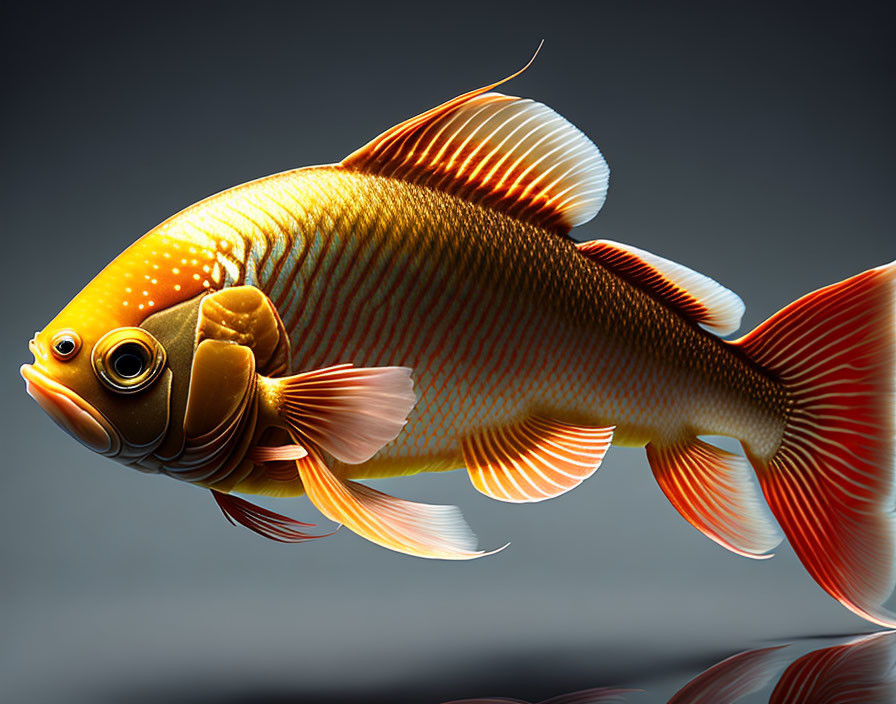 Colorful digital illustration: Orange fish with large eyes and red fins on dark backdrop