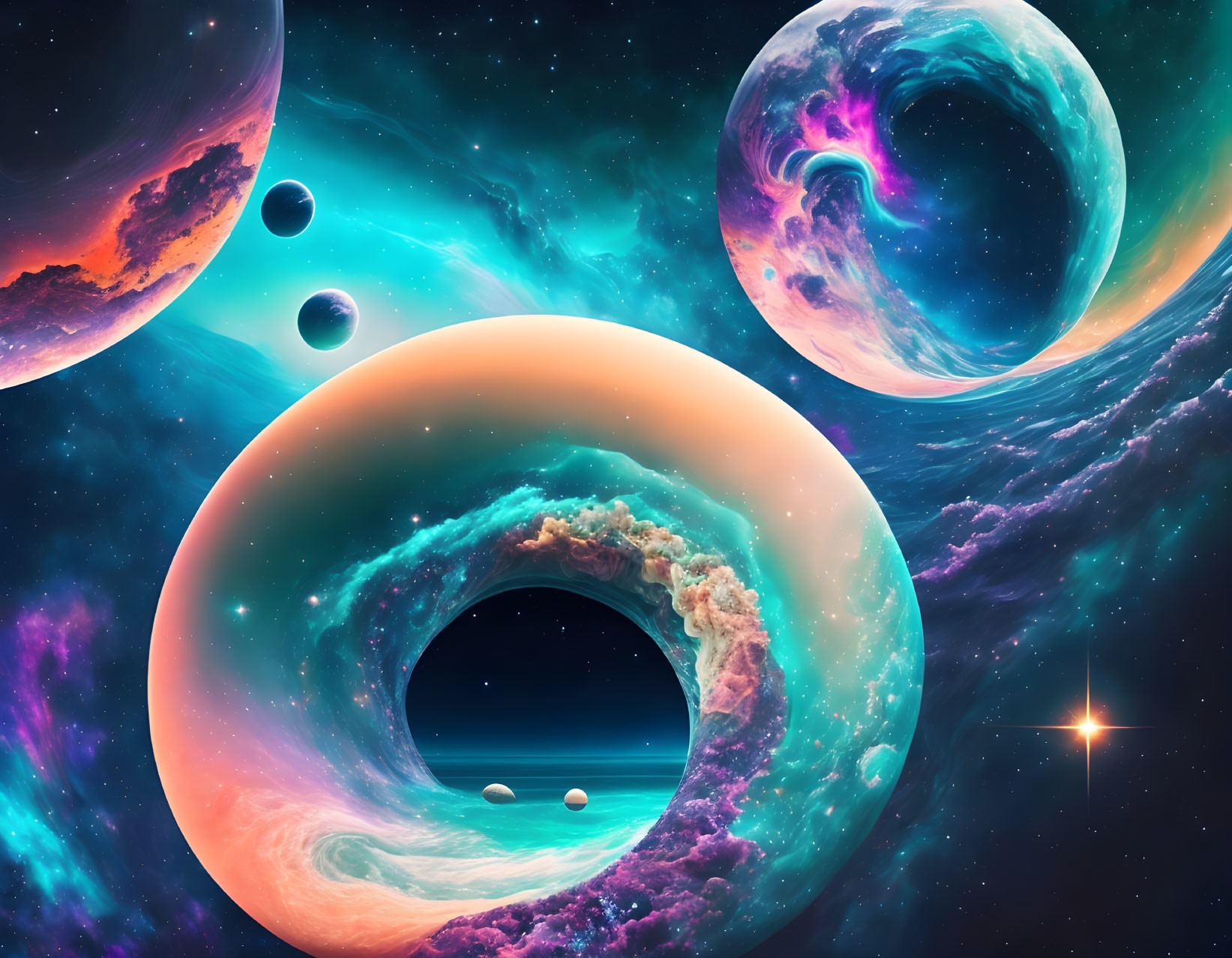 Colorful cosmic scene with planets, nebulae, and stars in dynamic space backdrop.