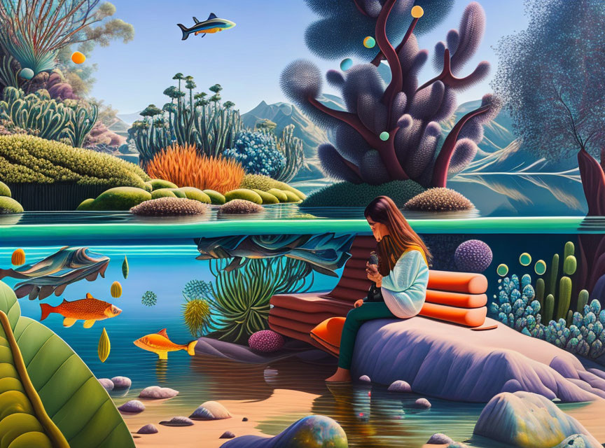 Vibrant coral, diverse fish, and a woman reading underwater