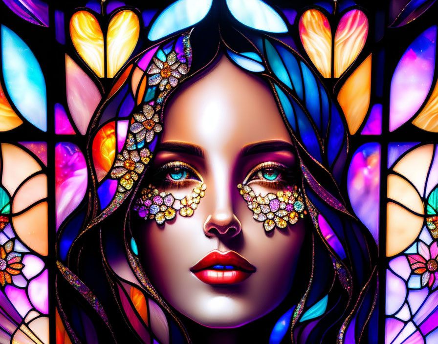 Colorful Stained-Glass Pattern Surrounds Woman with Embellished Eyes