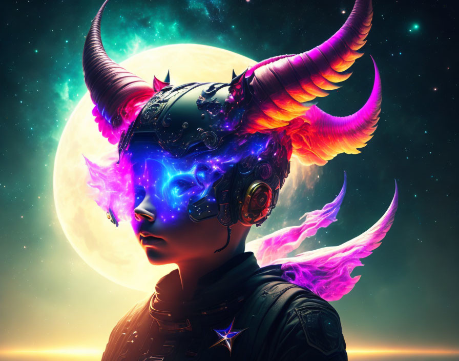 Futuristic portrait: Person with purple energy, helmet horns, full moon, stars